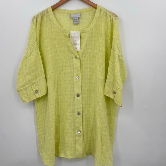 Soft Surroundings Lime Green Linen Cotton Button Down Tunic Blouse Size Medium - Picture 1 of 5